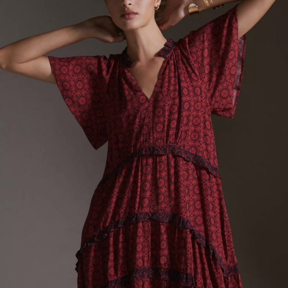 New red Anthropologie Robin tiered mini dress size xxs